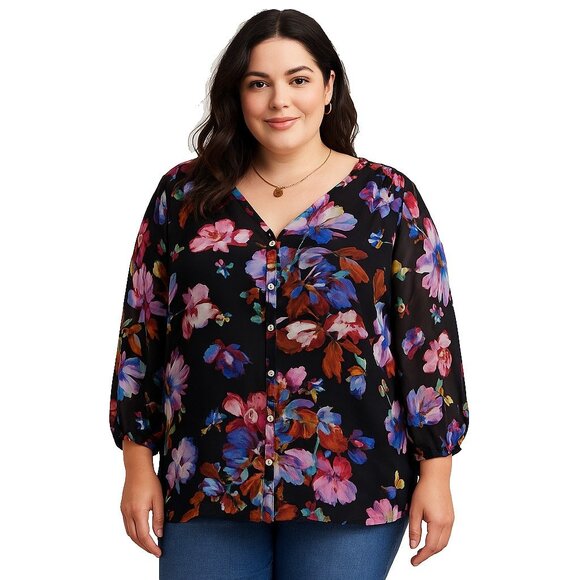 Floral & Ivy Womens 2X Button Front Chiffon Blouse Black Sheer Lightweight Top - Picture 1 of 14